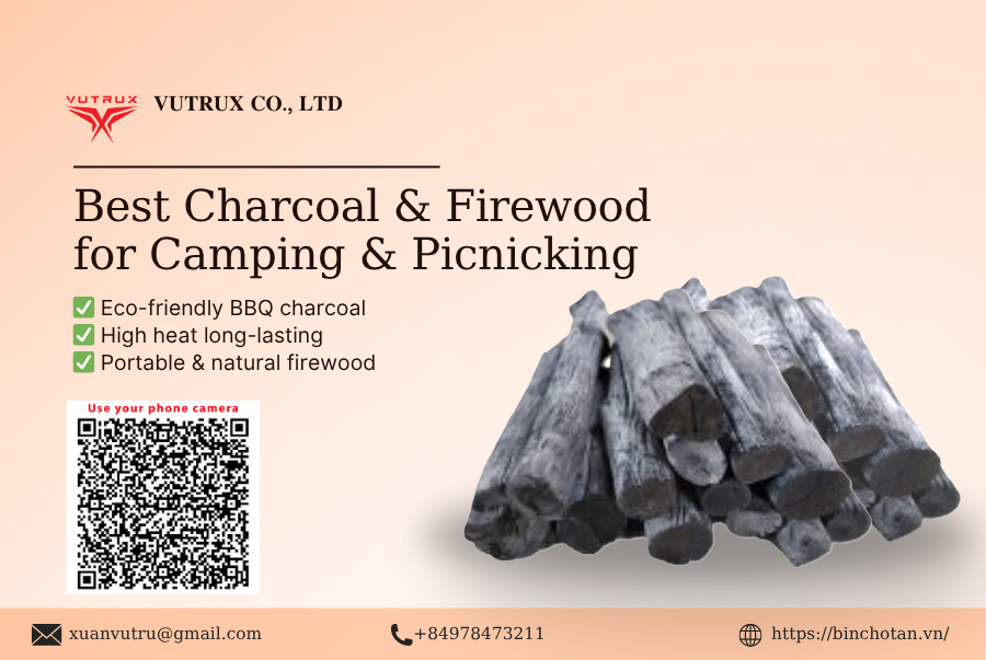 Eco-friendly BBQ charcoal, high heat long-lasting charcoal, portable charcoal for camping, and natural firewood for cooking and heating arranged for an outdoor picnic setup.